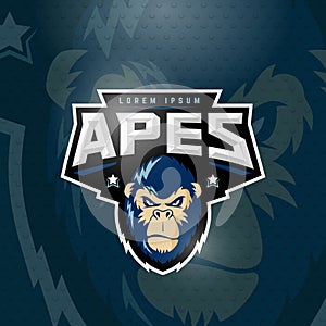 Sport Apes Abstract Vector Sign, Emblem or Logo Template. Sport Team Mascot Label. Angry Gorilla Face with Typography