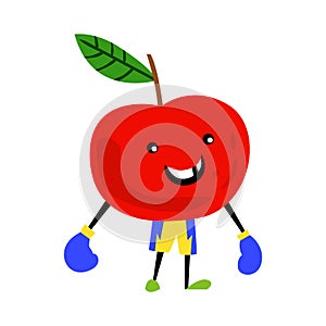 Sport apple character with boxing gloves. Funny fruit food on sport exercises, fitness vitaminic human healthy nutrition