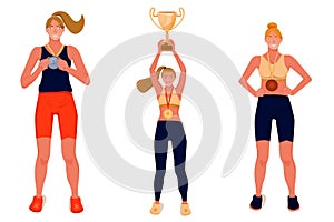 Sport award illustration. Winners with award cup and medals.