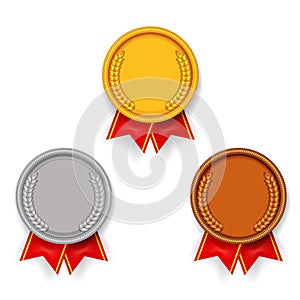 Sport award medal gold silver bronze sport 1st 2nd 3rd place red ribbon icons set vector illustration