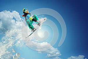 Sport background. Snowboarder jumping.