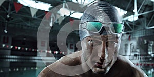 Sport background. Swimmer with glasses.