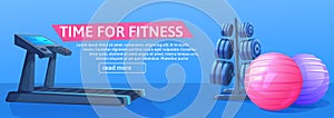 Sport background with treadmill for running and balls and. Time fo fitness banner design.