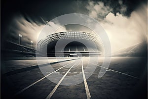 Sport Backgrounds. Soccer stadium and running track. Dramatic scene. Generative AI