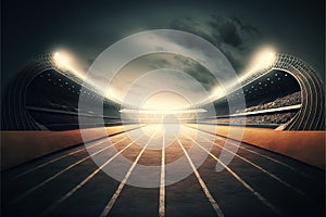 Sport Backgrounds. Soccer stadium and running track. Dramatic scene. Generative AI