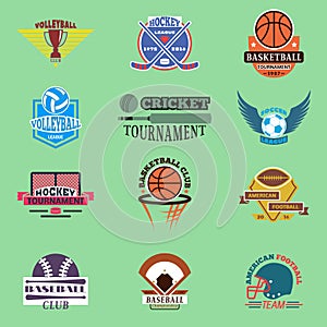 Sport badge template teams or clubs school balls and shooes symbols. Tournament competition graphic champion badge set