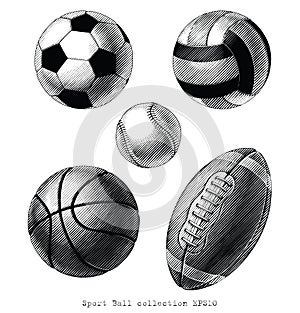 Sport Ball collection hand draw vinatge style black and white clip art isolated on white background photo