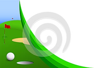Sport ball for golf in front of hole with red flags on green sports field. Banner, background for design of competitions. Healthy