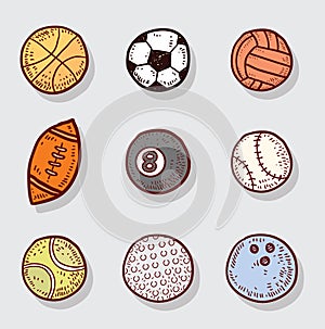 Sport Ball Icons, Hand drawn vector illustration
