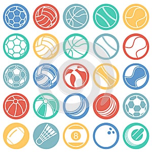 Sport ball icons set on color circles white background for graphic and web design, Modern simple vector sign. Internet concept.