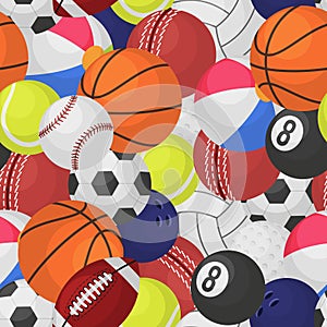 Sport ball seamless pattern. Sporting equipment balls texture game baseball football basketball tennis rugby cartoon