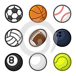 Sport Balls Cartoon Style Set on White Background. Vector