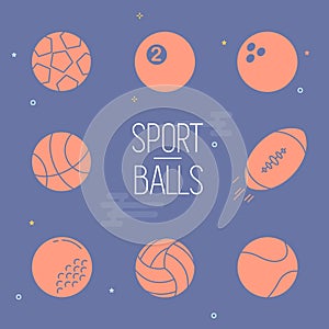 Sport balls colorful vector icon set on navy background.