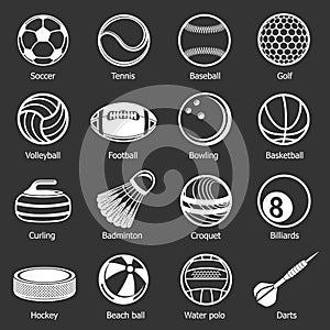 Sport balls equipment icons set grey vector