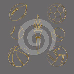 Sport balls set on black background. torch. Vector illustration