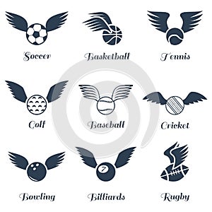 Sport balls with wings icon set.Vector symbols. Vector illustration