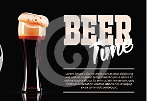 Sport and Beer template banner. Photo-realistic vector illustration of 3d soccer ball and Elegant dark beer on black