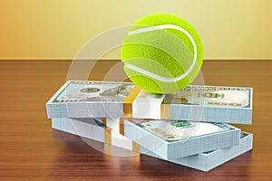 Sport bets. Money and tennis ball on the wooden table, 3D render
