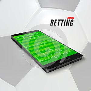 Sport betting online in app on mobile phone. Soccer field on smartphone screen. Sport betting banner on football ball background