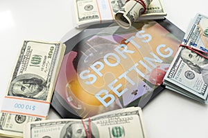 Sport betting online banner concept. app online bet on soccer. Mobile phone with soccer field on screen and realistik