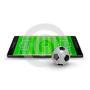 Sport betting online. Soccer onlite. Horizontal mobile phone with football soccer ball and field on the screen. Vector