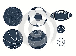 Sport black balls set on white background. Collection silhouettes sports balls. Vector