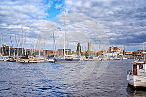 Sport boat harbor in Wismar with sailing boats