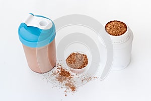 Sport bottle with protein shake and whey protein powder. Sport food supplement