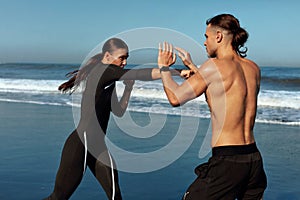 Sport. Boxing Couple On Beach Portrait. Outdoor Partner Workout On Summer Vacation As Lifestyle.