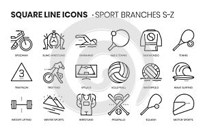 Sport branches related, square line vector icon set