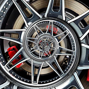 Sport car automobile wheel rim spoke abstract fractal brake disk tire close up spiral effect pattern background illustration. Auto