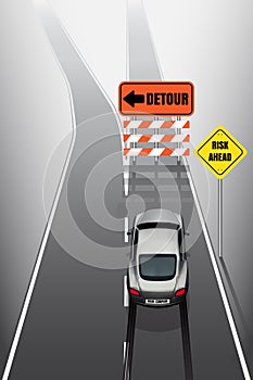 Sport car is braking when see detour signs