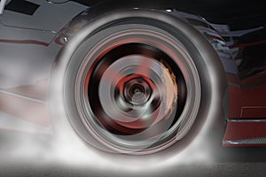 Sport car burning rear tire to heat up rubber for good traction before start to race