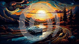 Sport car on country road illustration in Art Nouveau style. Made with Generative AI.