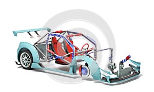 Sport car custom upgrade kit set of details for body and engine 3d render on white
