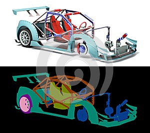 Sport car custom upgrade kit set of details for body and engine 3d render on white with alpha