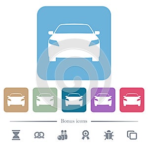 Sport car front view flat icons on color rounded square backgrounds