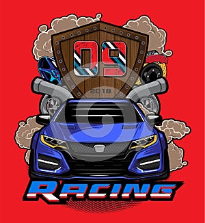 Sport car logo illustration. Racing car logo on red backg