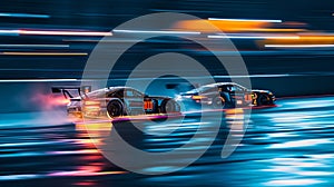 Sport car motion blur of race between two cars in blue hour, rain with lights on road. Sport car on wet asphalt, high speed