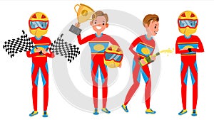 Sport Car Racer Male Vector. Racing Championship. Red Uniform. Poses. In Action. Cartoon Character Illustration