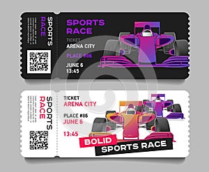 Sport car racing competition entering tickets with bolid car illustration and bar code, layout template