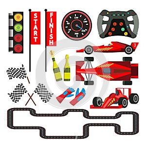 Sport Car Racing Icons Set Vector. Speedometer, Car Steering Wheel, Flag Checkered, Route, Traffic Light, Gloves, Cup