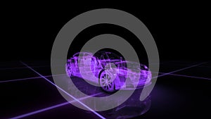 Sport car wire model with purple neon ob black background