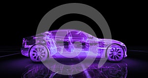 Sport car wire model with purple neon ob black background