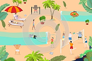 Sport cat character at beach, vector illustration. Funny artoon animal and people on vacation, active summer and holiday
