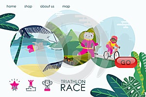 Sport cat triathlon race, landing banner vector illustration. Athlete cartoon animal healthy training, exercise training