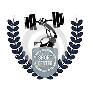Sport Center Logo With Male Hand Holding Barbell Creative Trendy Label On White Background