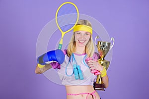 Sport champion. Fitness champion. Champion concept. Girl successful modern woman hold golden goblet of champion. Woman