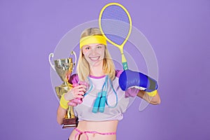 Sport champion. Fitness champion. Champion concept. Girl successful modern woman hold golden goblet of champion. Woman