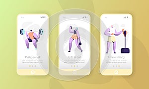 Sport Character Mobile App Page Onboard Screen Set. Gym Exercise Man and Woman Workout Application Ui. Weightlifter